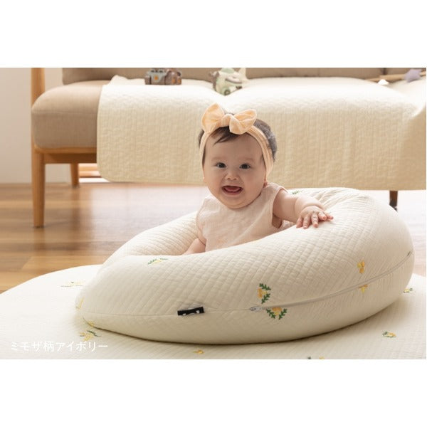 クッション 約31×110cm 本体+カバーセット 刺繍入 ミモザ柄 アイボリー 洗える 綿 mofua モフア イブル マルチクッション【代引不可】