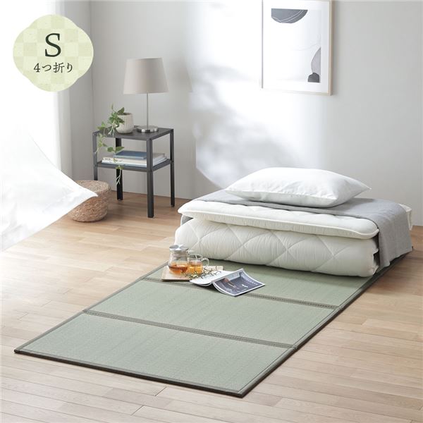 畳マット シングル 約100×200×1.1cm い草 100% 双目織 緑 折りたたみ 軽量 コンパクト 4つ折り 畳マットレス リビング【代引不可】