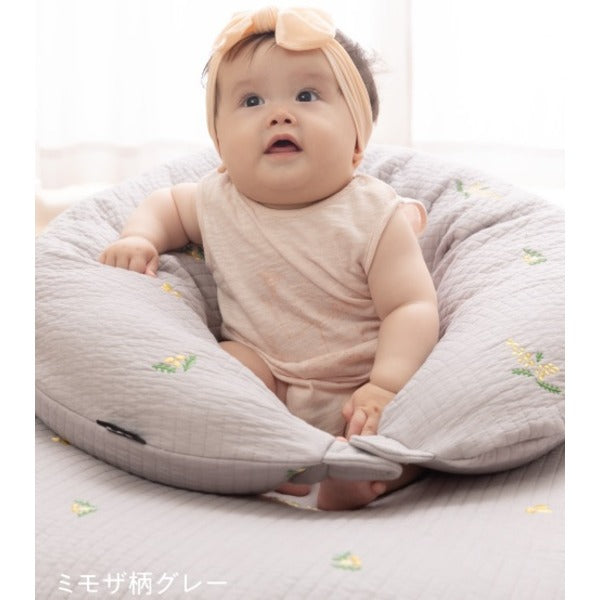 クッション 約31×110cm 本体+カバーセット 刺繍入 ミモザ柄 グレー 洗える 綿 mofua モフア イブル マルチクッション【代引不可】