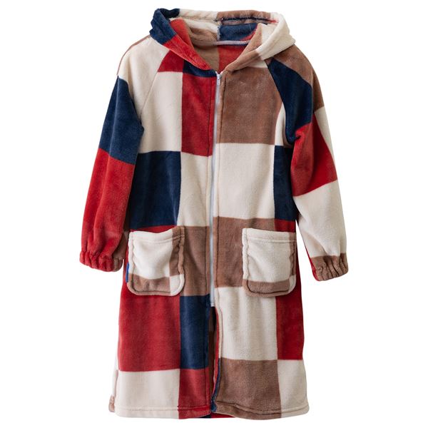 着る毛布 キッズ ジップパーカー型 着丈85cm ブロックチェック柄 レッド mofua モフア プレミアムマイクロファイバー【代引不可】