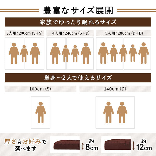 ファミリータイプ マットレス 【幅280cm ダブル×2枚 5人用・ブラウン】 厚さ8cm 日本製 連結 抗菌 防臭 防ダニ 折りたたみ 3つ折り【代引不可】